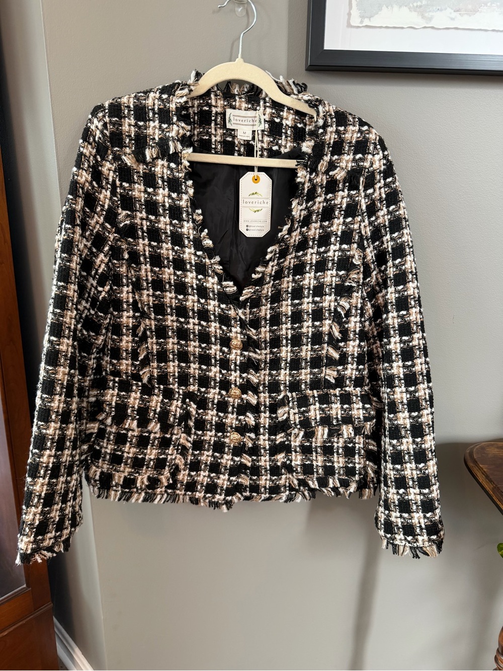NWT. Love Riche Black & Tan Tweed Frayed Hem Blazer. Size Medium